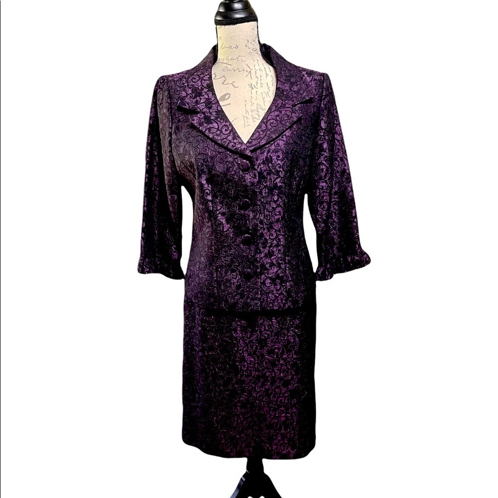 Jessica Howard Deep Plum Dress with Black Lace Overlay and Ruffled Sleeves